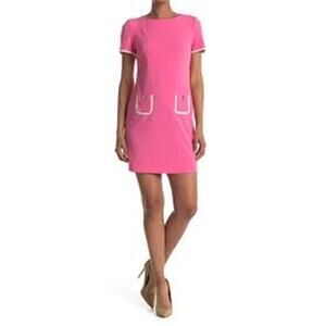 Tommy Hilfiger Pink White w/ Gold Short Sleeve Sheath To Knee Dress Size 10